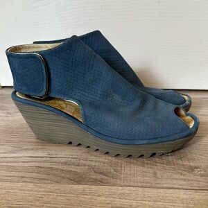 Fly London Blue Suede Peep Toe wedges